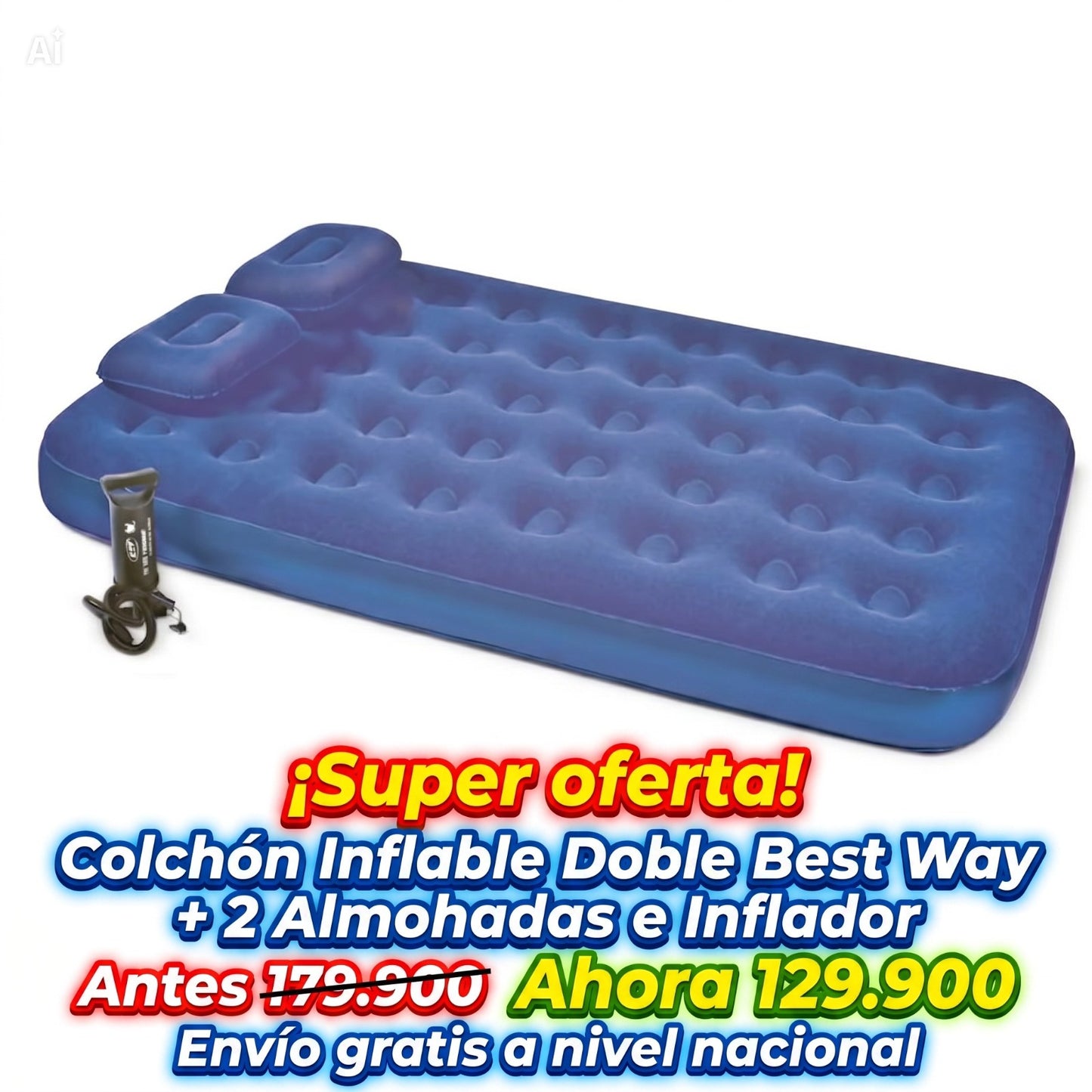 Combo Colchón Inflable Doble + 2 Almohadas + Bomba Manual