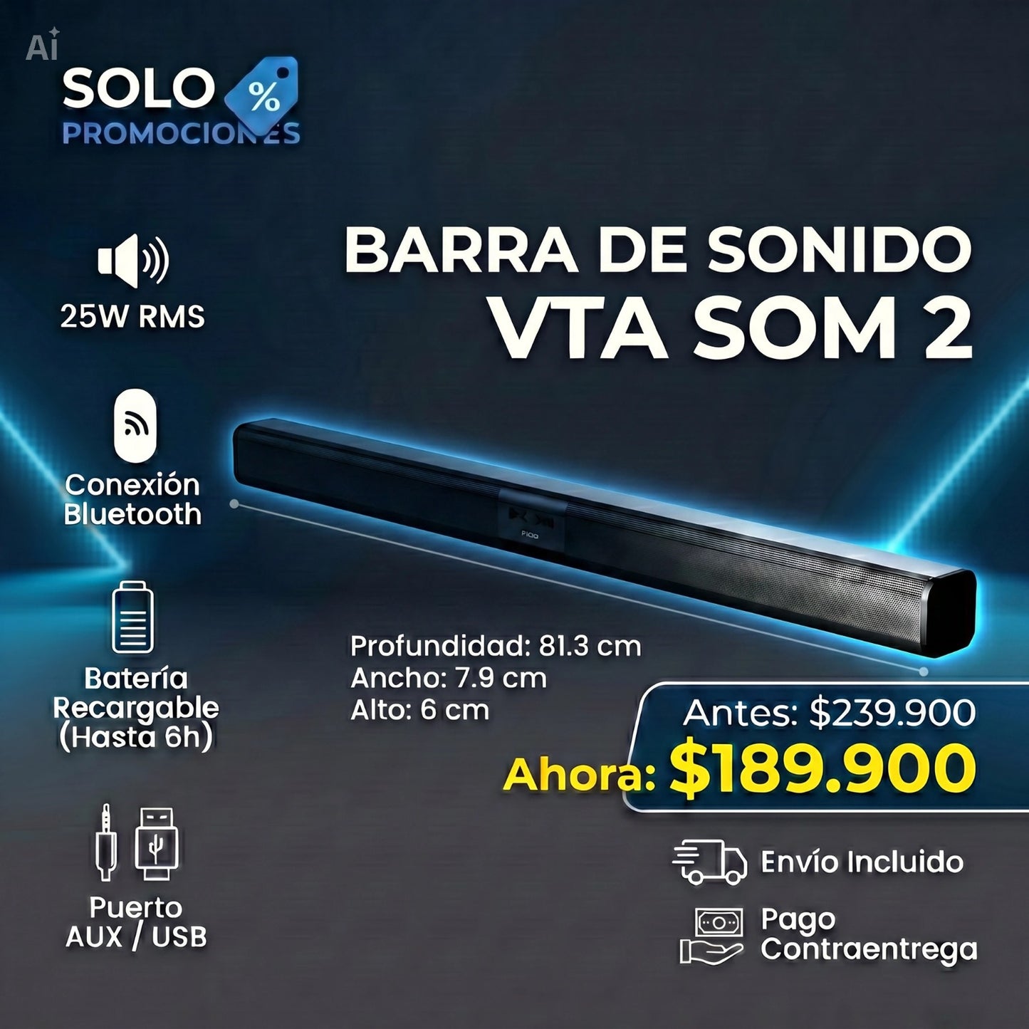 Barra De Sonido Recargable 25W Rms Som 2