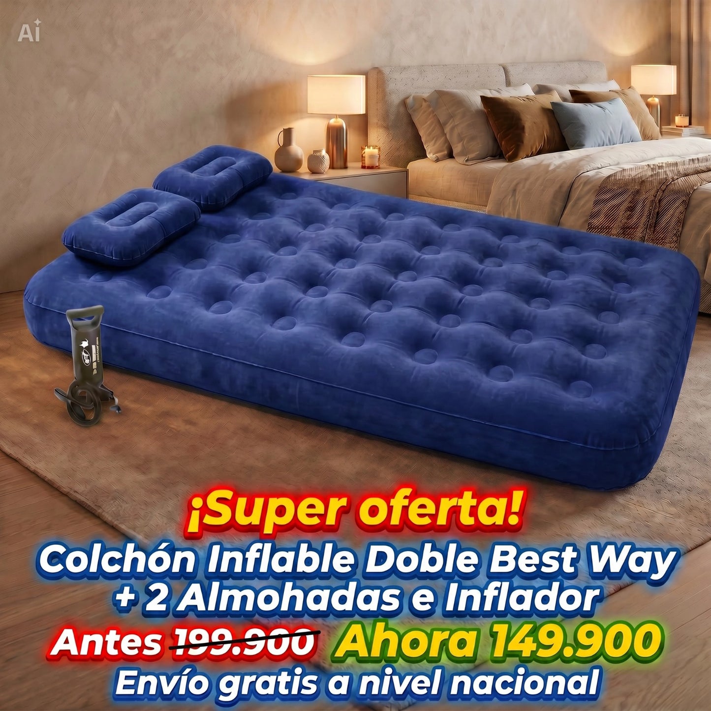 Combo Colchón Inflable Doble + 2 Almohadas + Bomba Manual