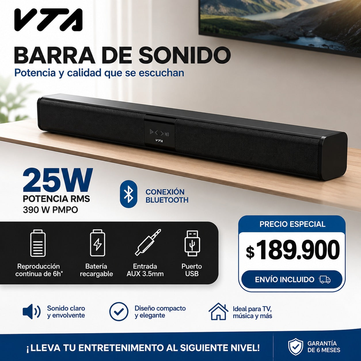 Barra De Sonido Recargable 25W Rms Som 2